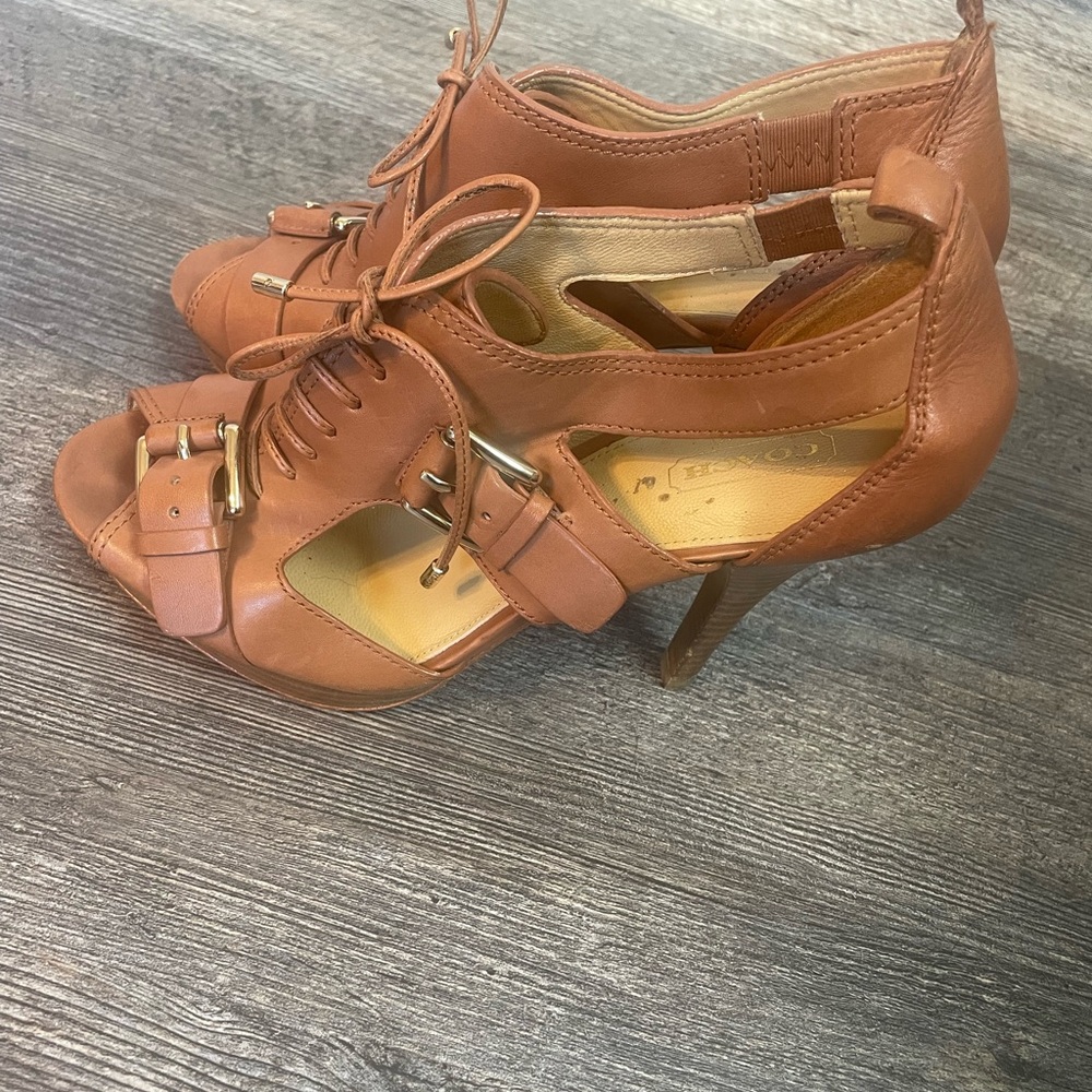 Coach Women's size 9 Sofia platform Brown Leather Heels sandals shoes - Picture 4 of 6